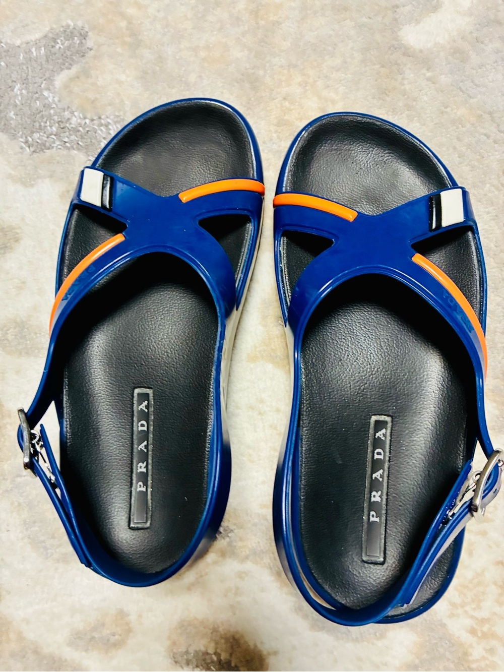 Prada Navy Blue Sandals with Bright Orange Trim - Picture 2 of 7